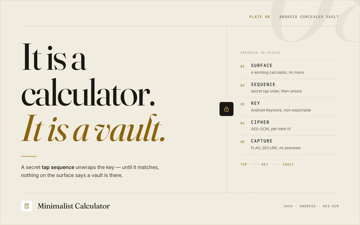 Designed cover plate for Minimalist Calculator, an Android calculator concealing an encrypted vault