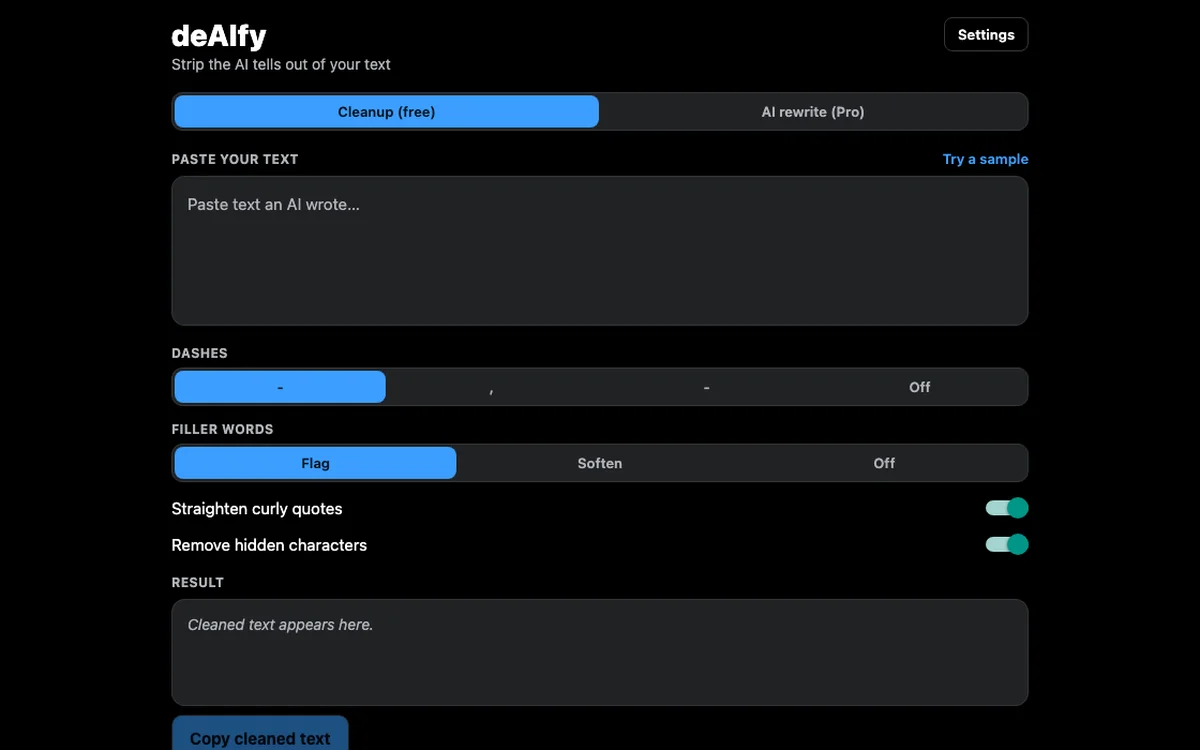 deAIfy web app, stripping AI tells from pasted text