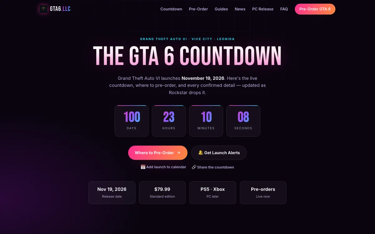 GTA6.LLC launch hub with a live countdown