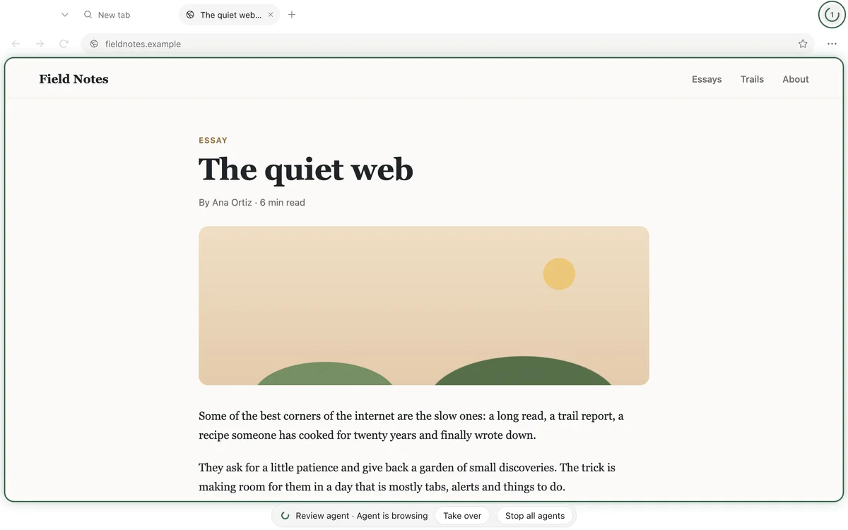 Kamapathy desktop browser with an agent working in its own space, framed by a green ring, and a bar to take over