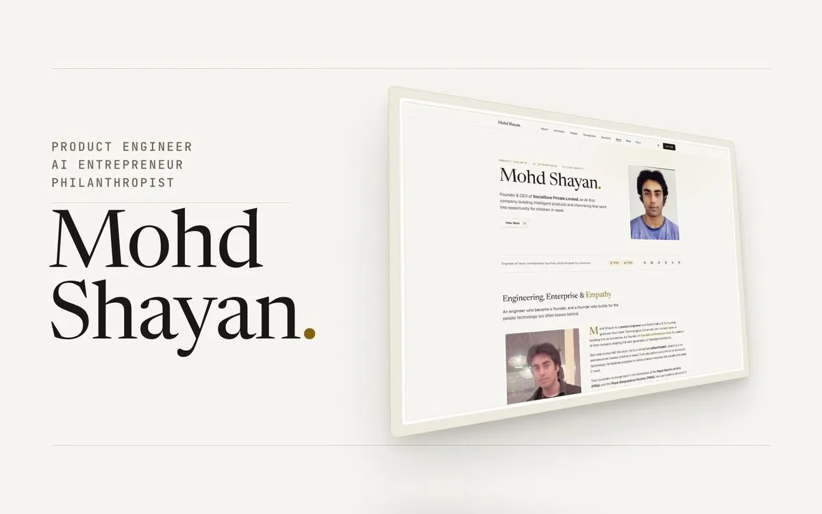Still from Portfolio Film: the Mohd Shayan wordmark beside the homepage, mounted like a print